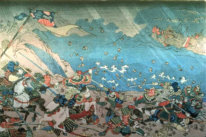 Attaque mongole sur la côte japonaise. Les mongoles tentèrent à deux reprises d'envahir le Japon, en 1274 et 1281. Ces attaques, prédites par Nichiren, marquèrent profondément son époque.