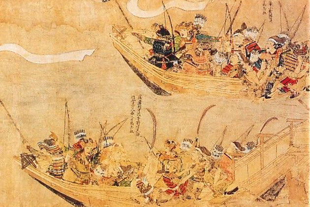 Estampes vers 1293 représentant des bateaux d'attaque japonais abordant des navires mongols. L'invasion mongole était pour les Japonais de l'époque synonyme d'un désastre consécutif au déclin de la Loi bouddhique.