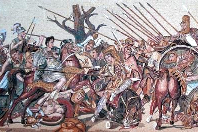 Mosaïque dépeignant Alexandre le Grand vainc Darius, roi des Perses, lors de la bataille de Gaugamela.