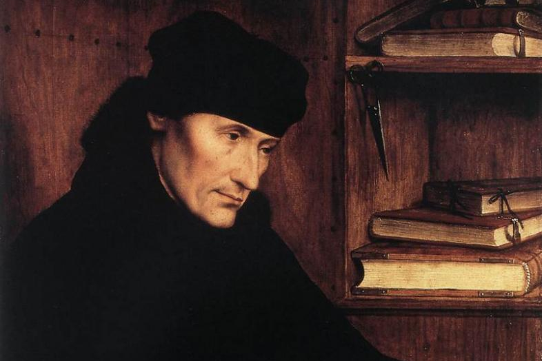 Portrait d'Erasme de Rotterdam, par Quentin Metsys, 1517. Huile sur bois, transféré sur toile, 59 × 47 cm, Galleria Nazionale d'Arte Antica, Rome. Erasme (1466-1536) est un écrivain humaniste et un théologien néerlandais, auteur, en particulier, de l'Eloge de la folie, ouvrage satirique sur la société de l'époque.